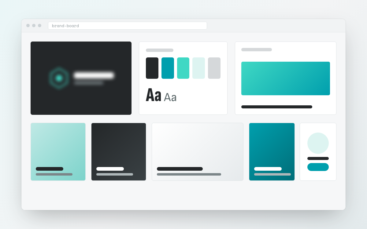 Esempio di brand board con logo, palette colori e materiali di comunicazione, con i dettagli oscurati